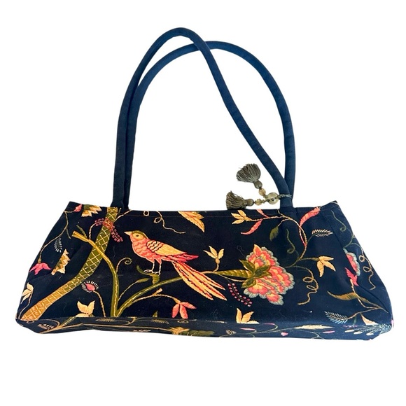 Handmade Vtg Y2K Baguette Floral Bird Print Shoulder Bag Tassell Bohemian - Picture 1 of 8